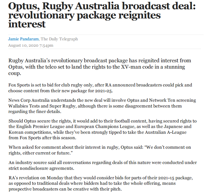Name:  2020-08-10 Optus, Rugby Australia broadcast deal - revolutionary package reignites interest P1a.png
Views: 3047
Size:  113.1 KB